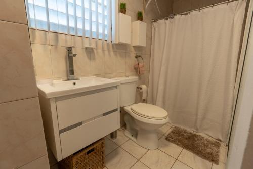 a bathroom with a toilet and a sink and a shower at El Flamingo Beach Club in Manati