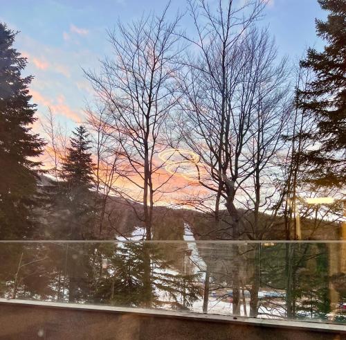 a view of a sunset from a window with trees at Mountain View - Ski in Ski out - Bjelašnica in Bjelašnica