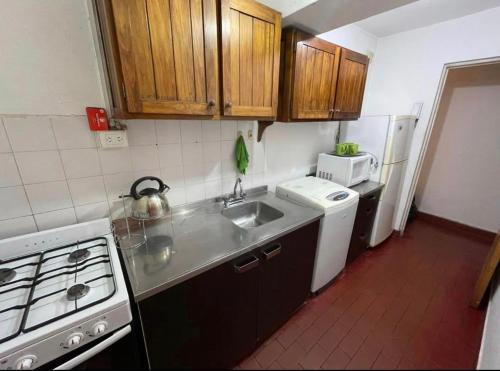 a kitchen with a sink and a stove and a microwave at EL AMANECER - APART HUASI III in San Fernando del Valle de Catamarca