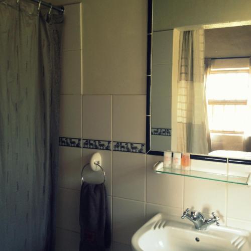 a bathroom with a sink and a mirror at Mooi Bly in Paarl
