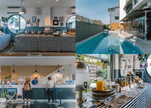 a collage of three photos of a pool and a person standing in a building at The Galla Hotel in Ranong