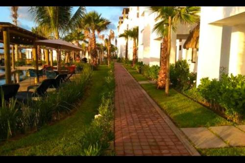 a brick walkway with palm trees and tables and chairs at punta diamante nuevo altata sin. in Altata