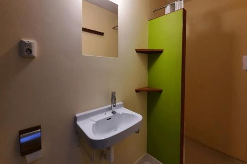 baño con lavabo y pared verde en De Opkikker 10 persoons vakantiehuis met hottub, en Giethoorn