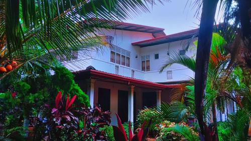 a white house with palm trees in front of it at Homely Guest in Habarana