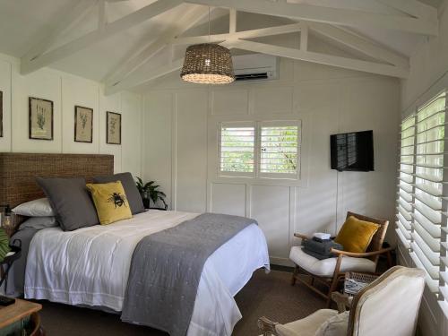 a bedroom with a bed and a tv and a chair at Gardeners' Cottage in Hamilton