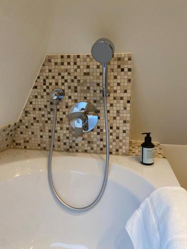 a bath tub with a shower in a bathroom at Loft im Turm in Maishofen