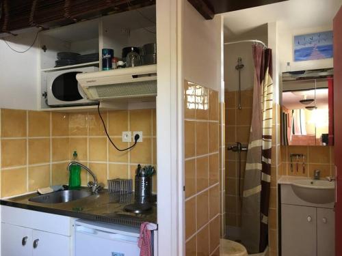 a small kitchen with a sink and a microwave at Studio piscine in Saint-Paul