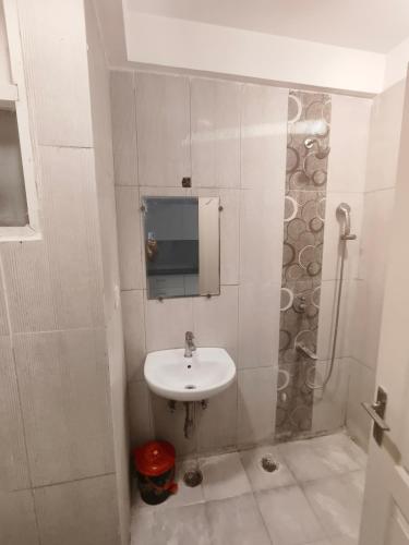 a white bathroom with a sink and a shower at PLUTO HOMES in Greater Noida
