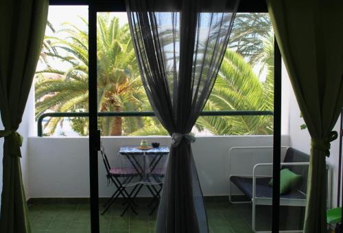 een kamer met een raam met een tafel en een palmboom bij Surycan Tropical Garden Apartment in Playa del Inglés