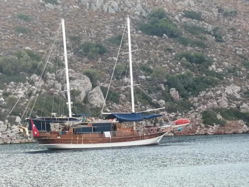 a boat sitting in the water next to a mountain at cemal efe in Fethiye