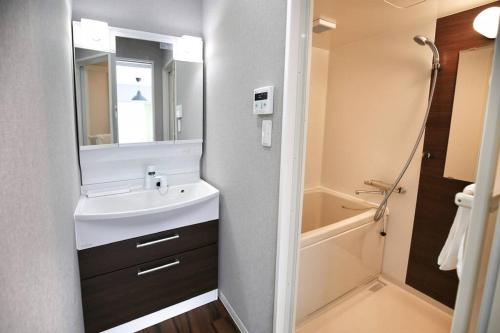 a bathroom with a sink and a mirror and a tub at Edogawa Japanese Style Apartment 202 has direct access to Akihabara and Shinjuku, with convenient transportation and free WiFi in Tokyo