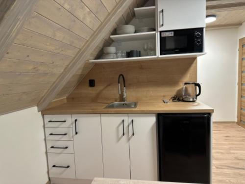 a kitchen with white cabinets and a black refrigerator at Apartmány VESNA in Nova Ves nad Nisou