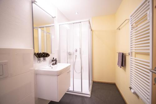 uma casa de banho com um lavatório e um chuveiro em Chasa Bazzell em Ftan