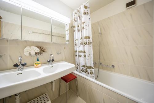 Chasa Plazza Gronda في Lavin: حمام مع حوض وحوض ومرآة