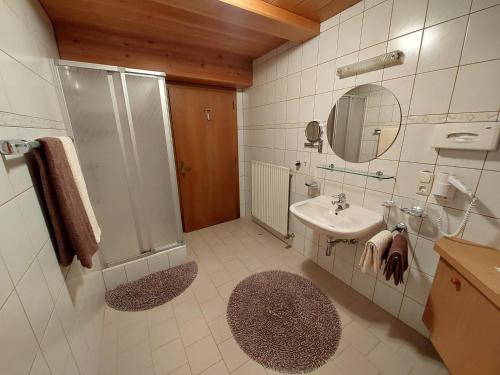 a bathroom with a shower and a sink and a mirror at Apart Franzi in Arzl im Pitztal