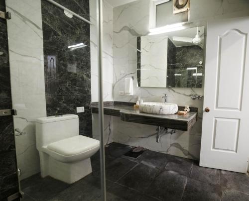 a bathroom with a toilet and a sink and a mirror at Firebrick Boutique Residences - GARNET HOUSE in Gurgaon