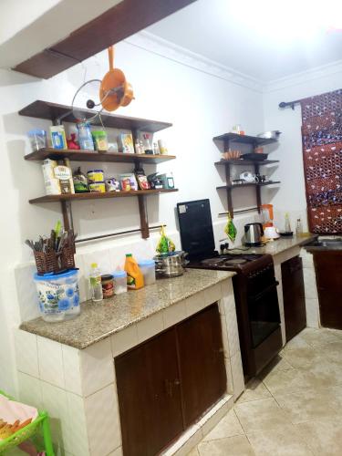 eine Küche mit einem Herd und einer Arbeitsplatte in der Unterkunft Dwina Apartements in Mwanza