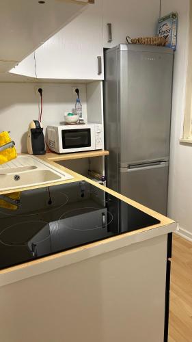 La cuisine est équipée d'un four micro-ondes et d'un réfrigérateur. dans l'établissement Appartement frontière Luxembourg, à Thionville