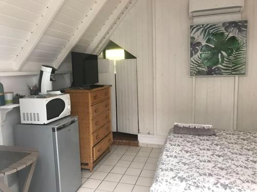 eine kleine Küche mit einer Mikrowelle und einem Kühlschrank in der Unterkunft Joli appartement indépendant au calme. in Marigot