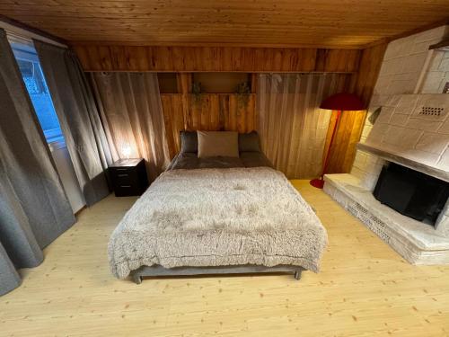 1 dormitorio con 1 cama y chimenea en Villa with pool and sauna en Porsgrunn