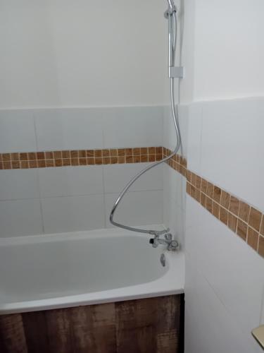 a bath tub with a shower head in a bathroom at chamois tétras marmotte in Allos