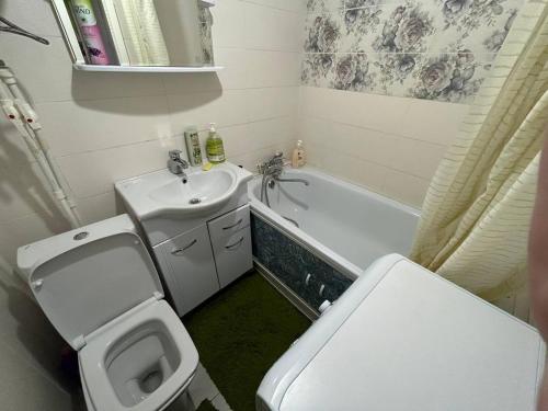 uma pequena casa de banho com WC e lavatório em Уютная квартира в центре города em Karaganda