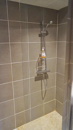 - une douche avec un pommeau sur un mur carrelé dans l'établissement Gîtes de Saint-Ribert 6 pièces, à La Rochette