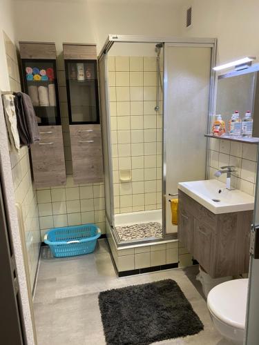 HageにあるFerienhaus Meerwehのシャワー、洗面台、トイレ付きのバスルーム