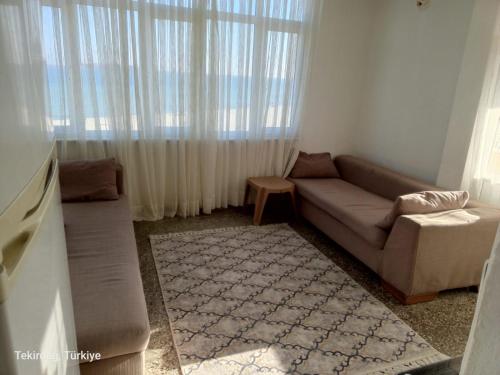 a living room with a couch and a window at Sultanköy Apart in Marmaraereglisi