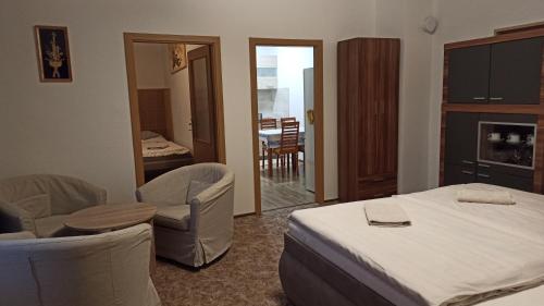 una camera d'albergo con letto, tavolo e sedie di Apartmán Poděbrady a Poděbrady