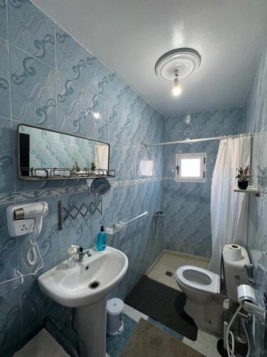 a blue bathroom with a sink and a toilet at Dar Saphire in Chefchaouene