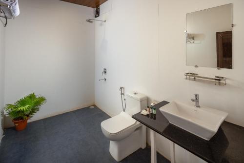 a bathroom with a white toilet and a sink at Crystall Goa Turquoise Edition in Patnem