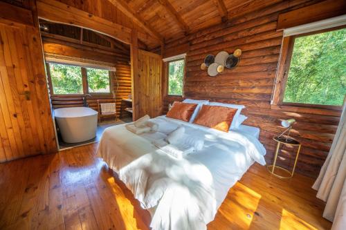 1 dormitorio con 1 cama grande en una cabaña de madera en Lodge de Bellemene, en Bellemène