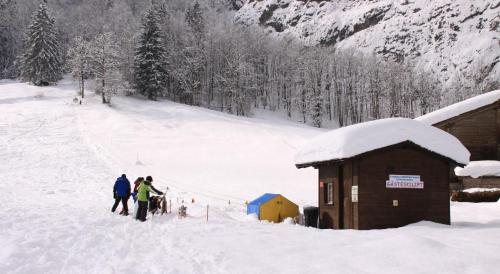 a group of people standing in the snow near a cabin at Camping Jungfrau in Lauterbrunnen