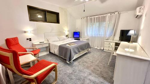 una camera con un letto e due sedie e una televisione di Salamandra Guest House a Nahariyya