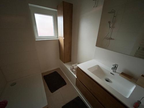 a bathroom with a sink and a shower with a window at Maison 2 chambres proche de Bruxelles in Mont-Saint-Guibert