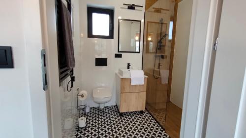 a bathroom with a sink and a toilet and a mirror at Balance Home in Tylicz