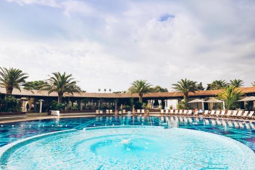 a swimming pool at a resort with palm trees at Hotel Slovenska Plaža in Budva