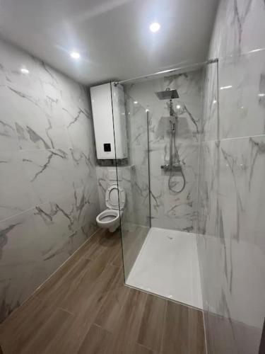 une salle de bain avec douche et toilettes dans l'établissement Appartement Centre villes Climatisées Terrasse, à Cagnes-sur-Mer
