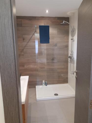 a bathroom with a shower and a sink and a tub at Cosy 4 Bedroom Apt with use of Pool in St Paul's Bay