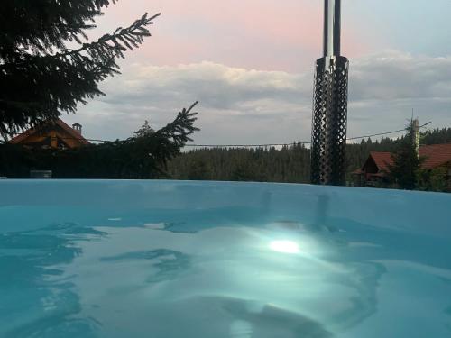 a large blue swimming pool with the sky in the background at Cabana Alina in Păltiniş