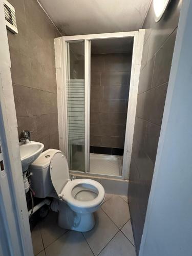 a bathroom with a toilet and a sink and a shower at JAR04 in Le Blanc-Mesnil