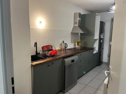 une cuisine avec des placards gris et un comptoir dans l'établissement Joliette , 4 chambres, wifi, à Marseille