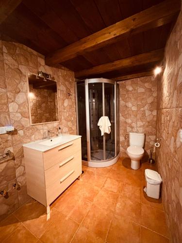 a bathroom with a shower and a sink and a toilet at Casa del Fraile in Villarrobledo