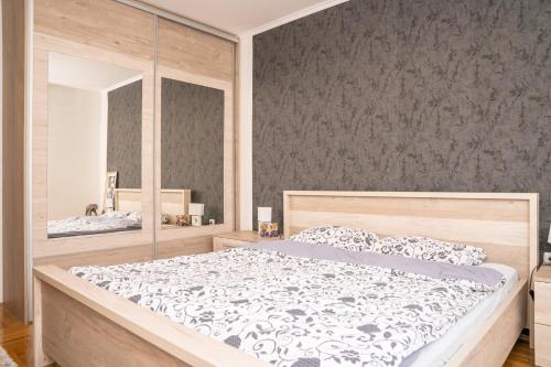 ein Schlafzimmer mit einem großen Bett und einem Spiegel in der Unterkunft Apartman Red Rose in Banja Luka