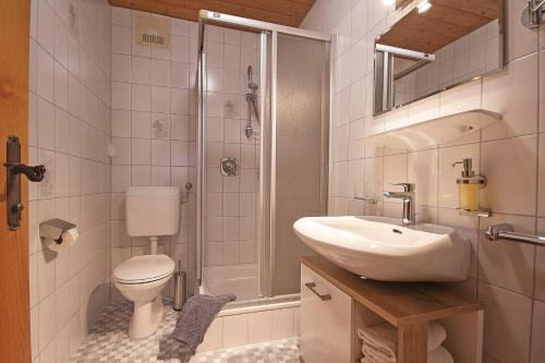 a bathroom with a toilet and a sink and a shower at Appartements Charlotte in Westendorf