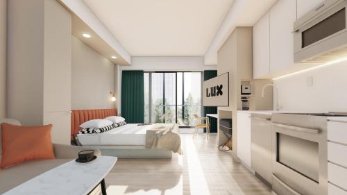 LUX Place في أوتاوا: غرفة نوم مع سرير وغرفة معيشة