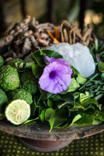 a purple flower sitting on top of green vegetables at Banteay Srey Women's Only Traditional Spa and Homestay in Kampot