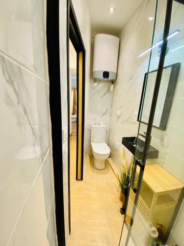 La salle de bains est pourvue de toilettes et d'une porte en verre. dans l'établissement Studio avec terrasse centre historique, à Périgueux