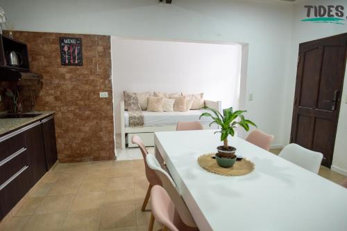 a kitchen and living room with a table with a plant at TIDES Apart de playa in Ostende